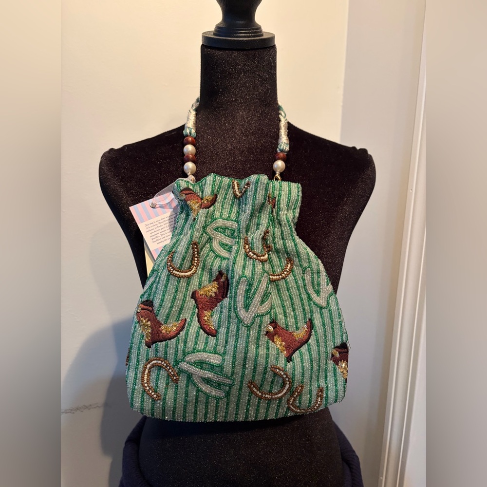 Embroidered  Western inspired Green Drawstring Bag